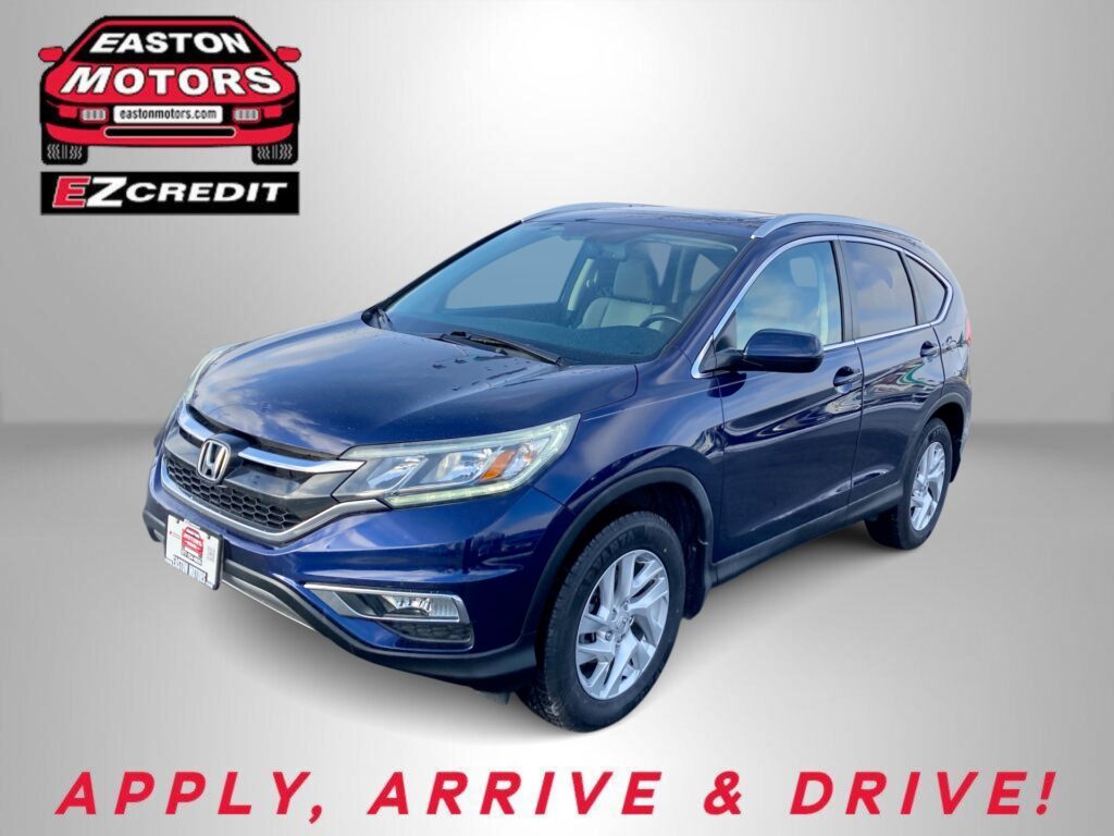 Blue Honda SUV shown in a dealership promo with Easton Motors logo and EZ Credit branding; text reads 'APPLY, ARRIVE & DRIVE!'.