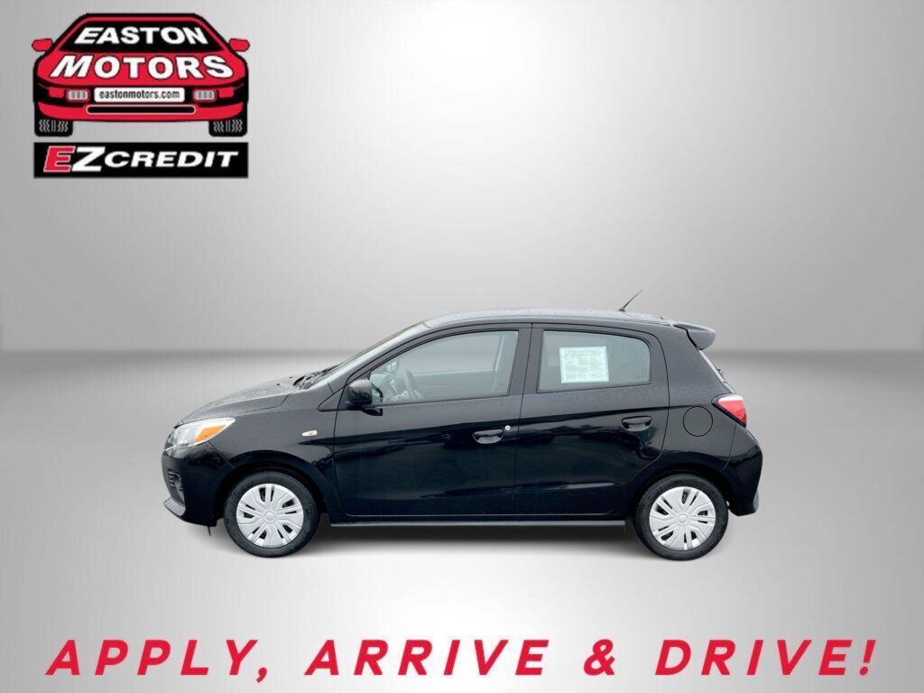 Black compact car in a studio setting with Easton Motors EZ Credit logo in the top left and 'APPLY, ARRIVE & DRIVE!' text.