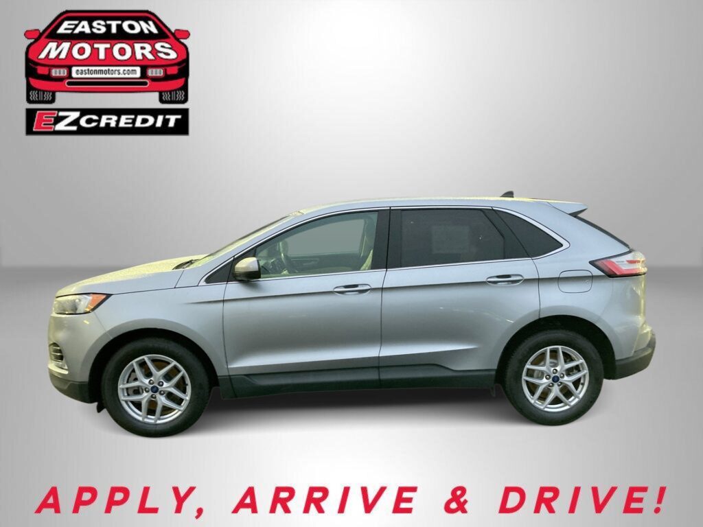 EZCredit logo for Easton Motors in the top-left with a silver SUV shown from the side on a gray gradient background and promotional text 'APPLY, ARRIVE & DRIVE!' at the bottom.