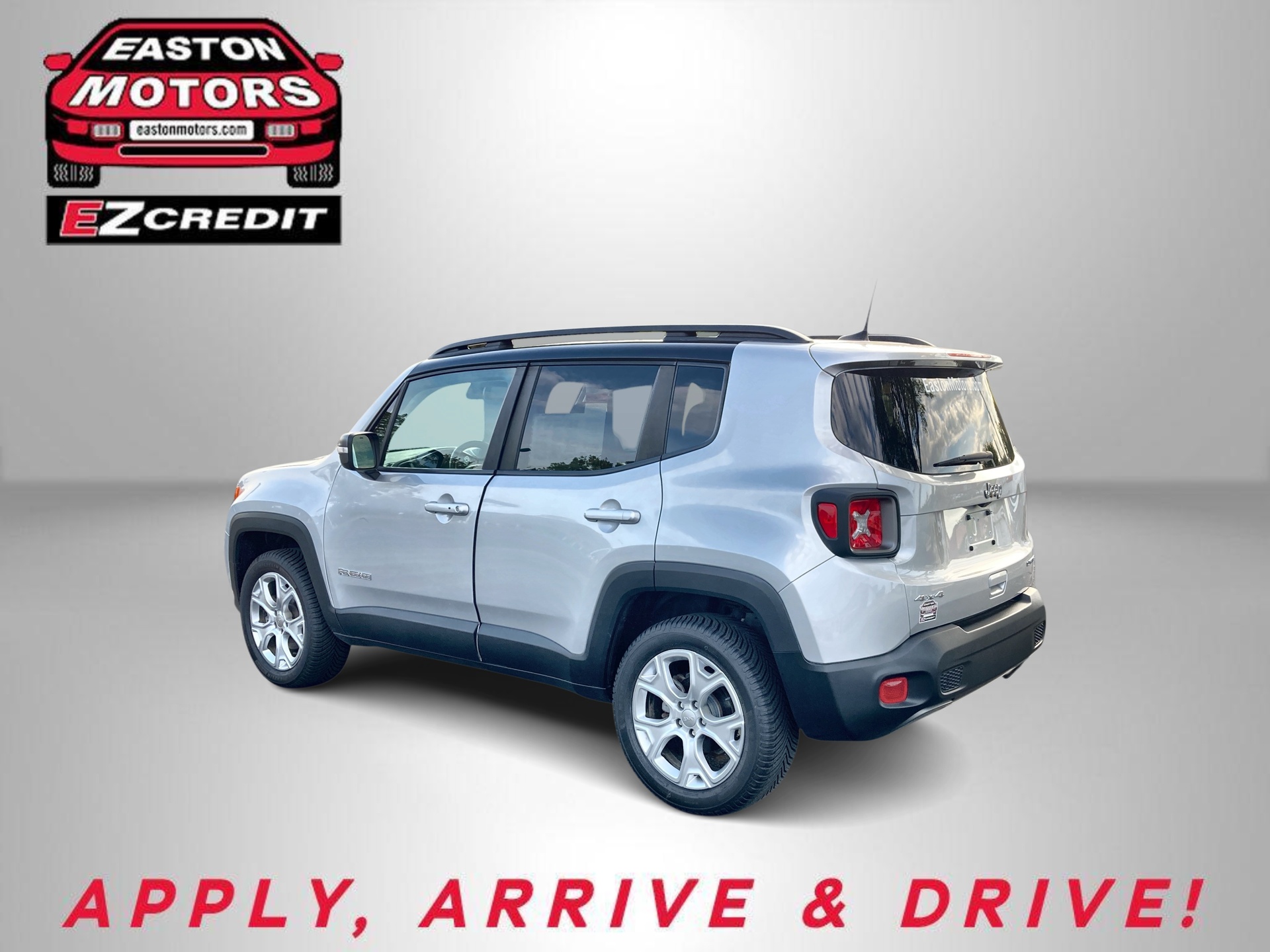 Gray sedan shown from the rear-left in a studio setting, with Easton Motors EZCredit logo in the top-left and the tagline 'APPLY, ARRIVE & DRIVE!' at the bottom.