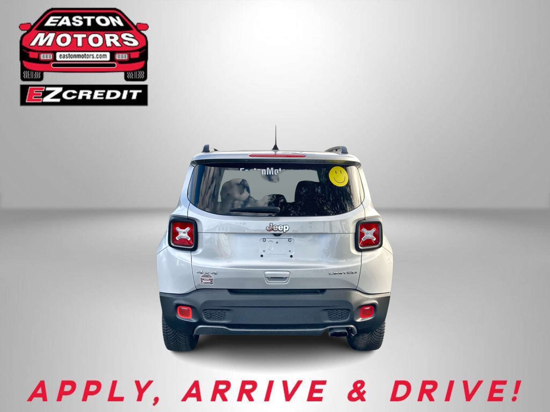 Gray Nissan Altima rear view with Easton Motors EZCredit logo in the top-left corner and 'APPLY, ARRIVE & DRIVE!' text along the bottom.