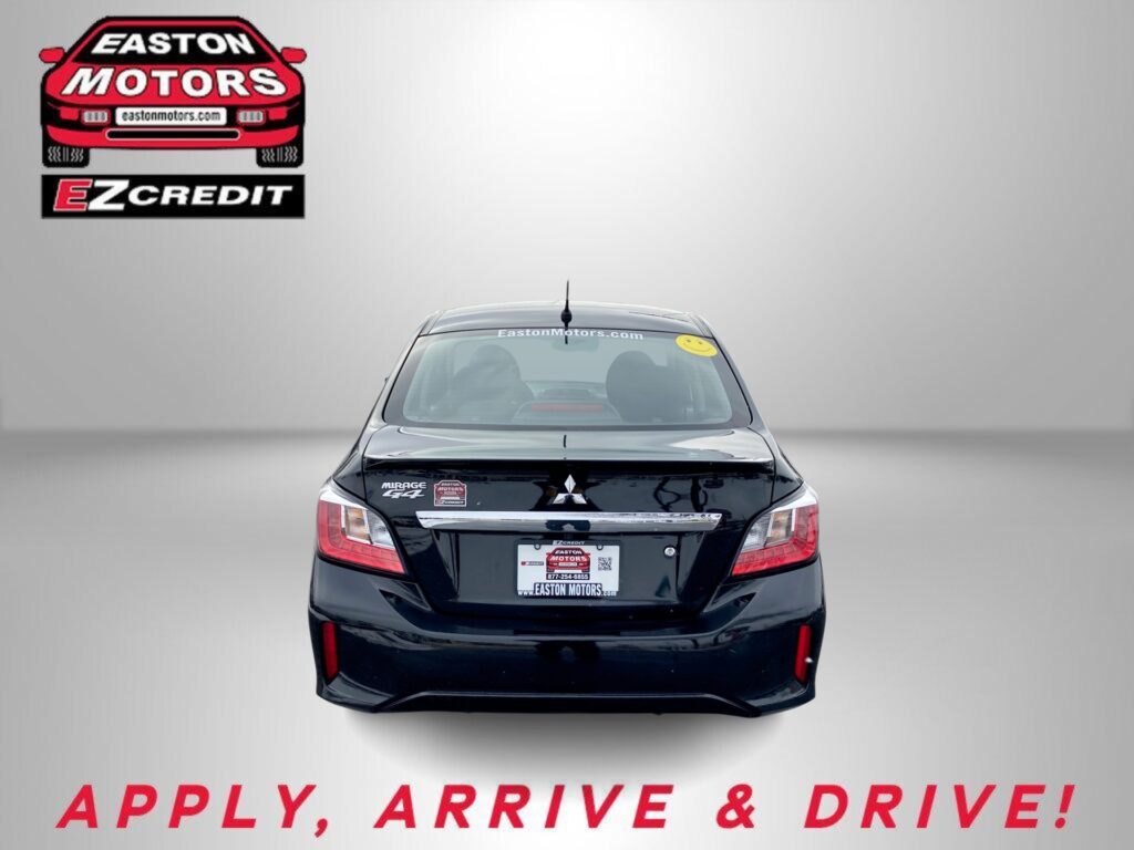 Rear view of a black car with Easton Motors branding on the left and the slogan 'APPLY, ARRIVE & DRIVE!' in red along the bottom.