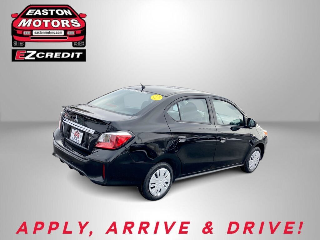 Black sedan shown from the rear side with Easton Motors branding in the top-left and the slogan 'APPLY, ARRIVE & DRIVE!' in red text on a gray background.