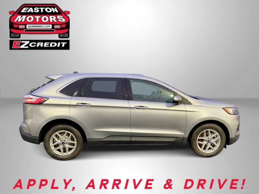Silver SUV shown in profile beside Easton Motors and EZCredit logos on a gray gradient backdrop, with the slogan 'APPLY, ARRIVE & DRIVE!'