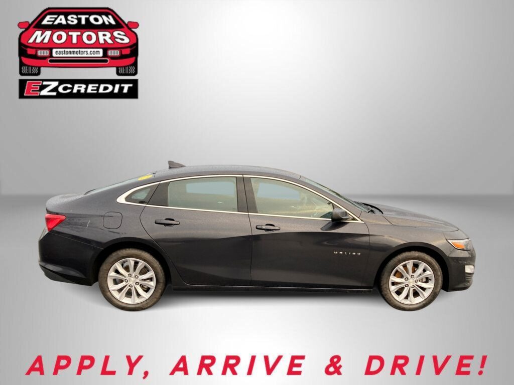 Side view of a dark gray sedan with an EZ Credit logo in the top left and 'APPLY, ARRIVE & DRIVE!' slogan at the bottom.