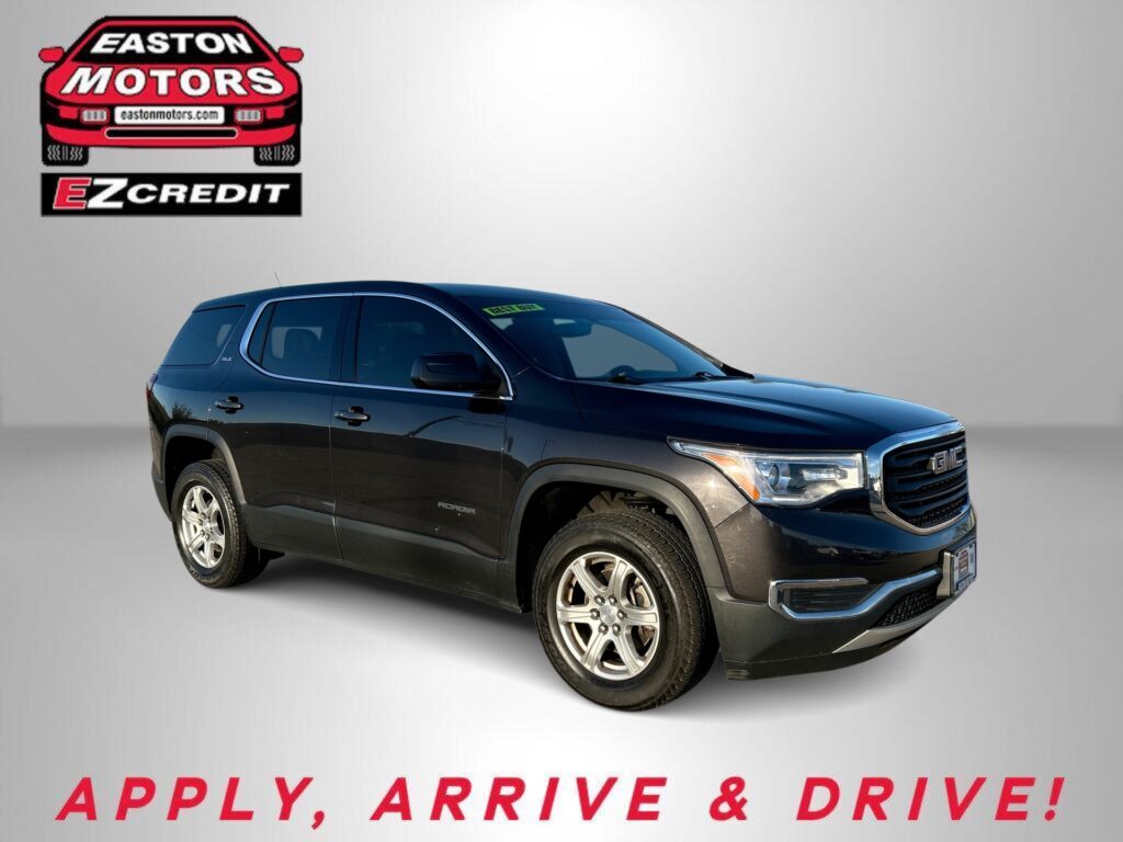 Blue GMC SUV against a gray backdrop with Easton Motors EZ Credit logo and the phrase 'APPLY, ARRIVE & DRIVE!' at the bottom