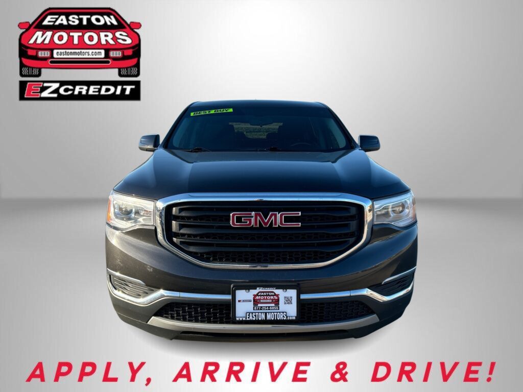 Front view of a GMC truck with a bold red Easton Motors logo on the upper left and 'APPLY, ARRIVE & DRIVE!' promotional text at the bottom.