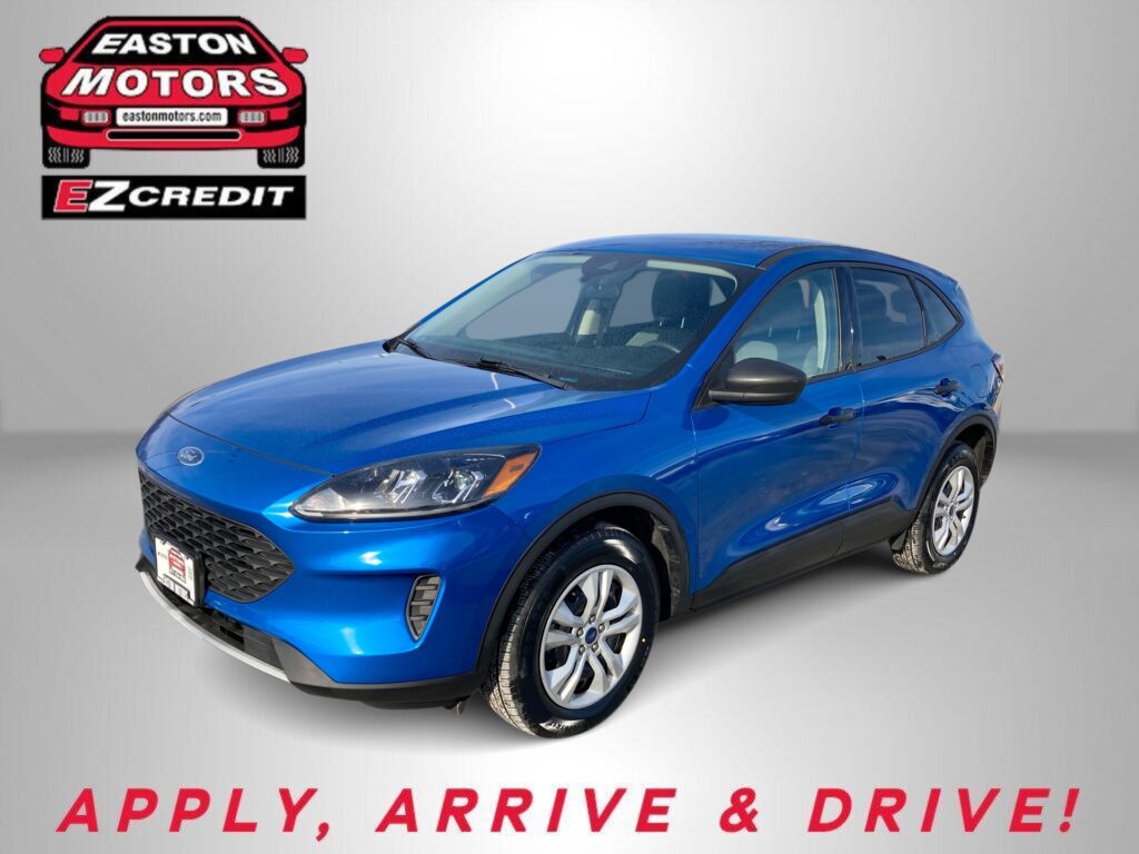 Blue Ford SUV showcased in a dealership ad with Easton Motors logo on a light gray background and the slogan 'Apply, Arrive & Drive'.