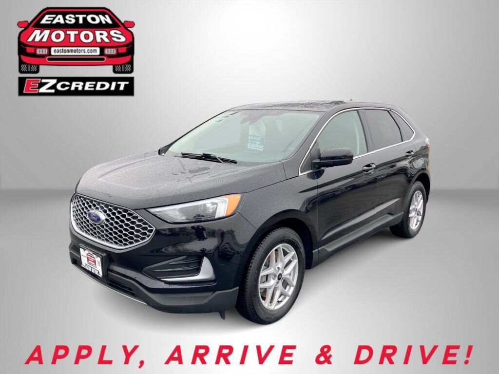Easton Motors EZCredit logo on the left with a gray Ford SUV angled to the right, set against a light gradient background; bottom text reads 'APPLY, ARRIVE & DRIVE!'