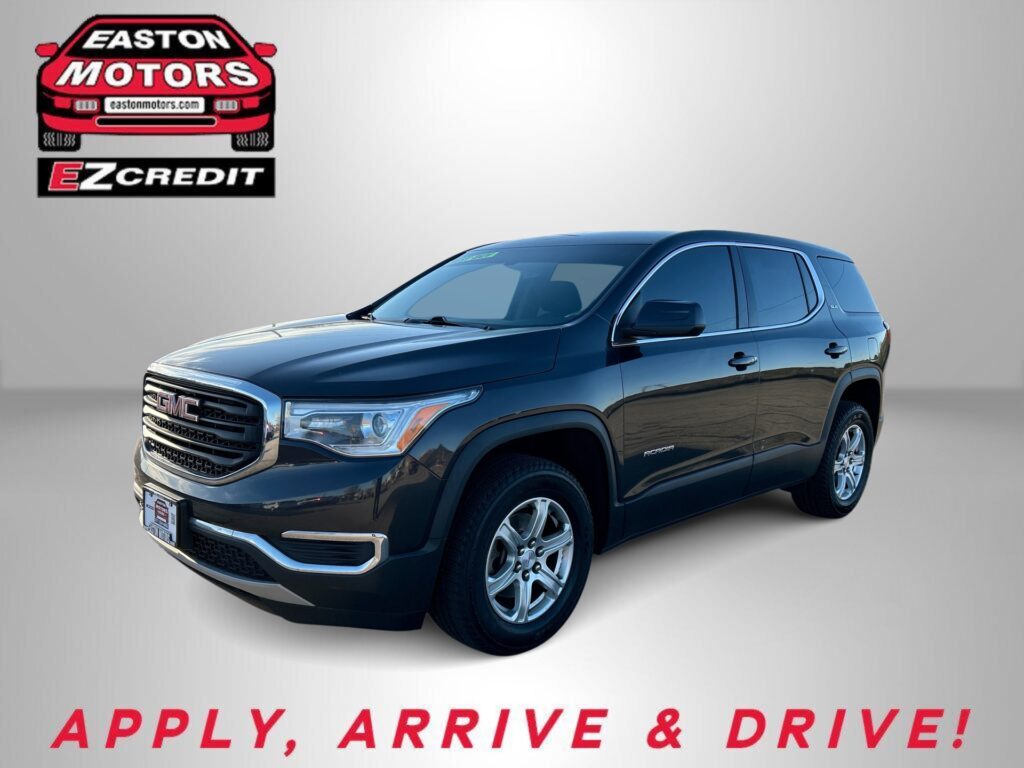 Blue GMC SUV in a studio-style setup with Easton Motors EZCredit logo in the top left and 'APPLY, ARRIVE & DRIVE' slogan at the bottom.