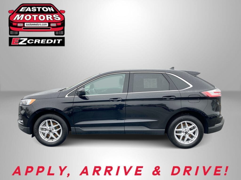Dark gray SUV beneath the Easton Motors logo on a gray gradient background with the text 'APPLY, ARRIVE & DRIVE!'