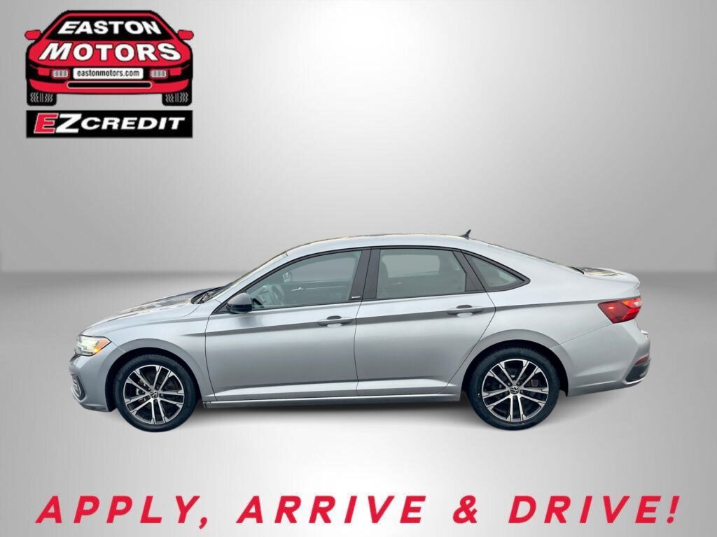 Easton Motors logo top left with a silver sedan below, against a gray gradient, and the bottom slogan 'APPLY, ARRIVE & DRIVE!'