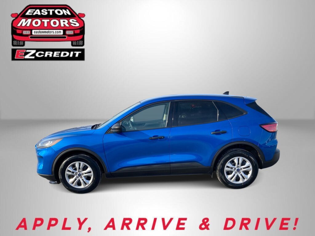 Blue SUV foreground with Easton Motors logo in the top-left and the slogan 'APPLY, ARRIVE & DRIVE!' across the bottom.