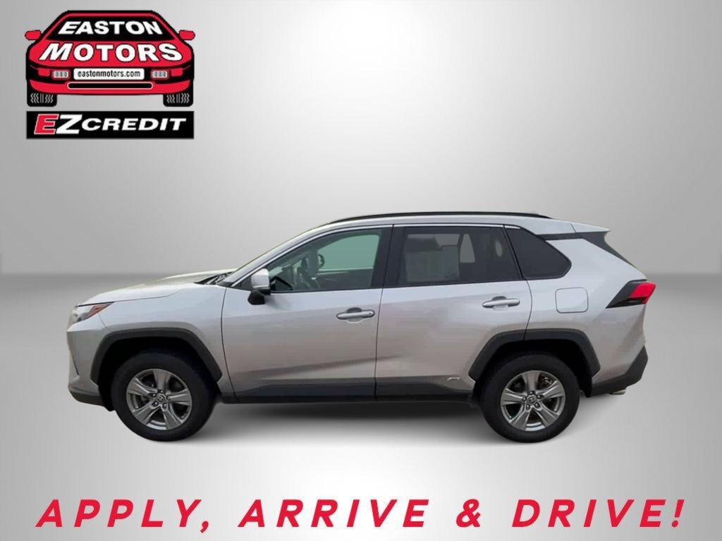 Side profile of a silver SUV against a gray backdrop with Easton Motors logo in the top-left and 'APPLY, ARRIVE & DRIVE!' text at the bottom.