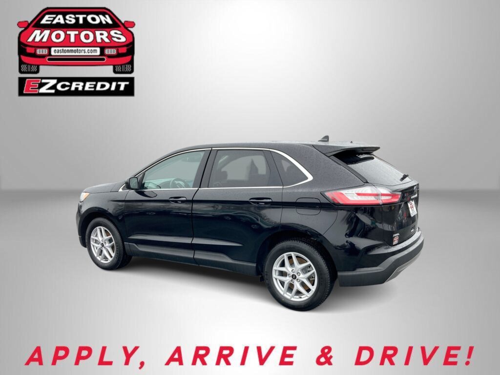 Black SUV on a gray studio backdrop with an Easton Motors logo in the top-left and the slogan 'APPLY, ARRIVE & DRIVE!' along the bottom.