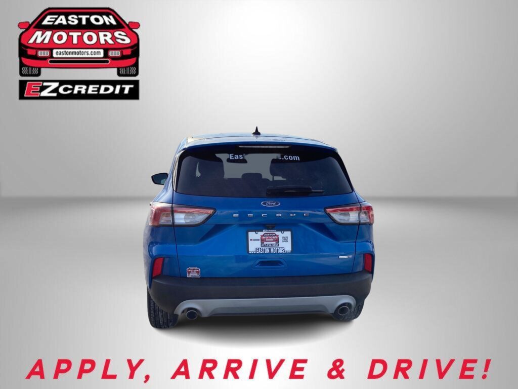 Blue Ford SUV rear view with Easton Motors logo in top left and promotional text 'APPLY, ARRIVE & DRIVE!' at bottom.