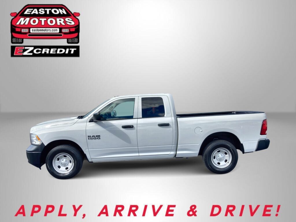 White RAM 1500 pickup with Easton Motors EZCredit logo in the top left and red 'APPLY, ARRIVE & DRIVE!' text along the bottom.
