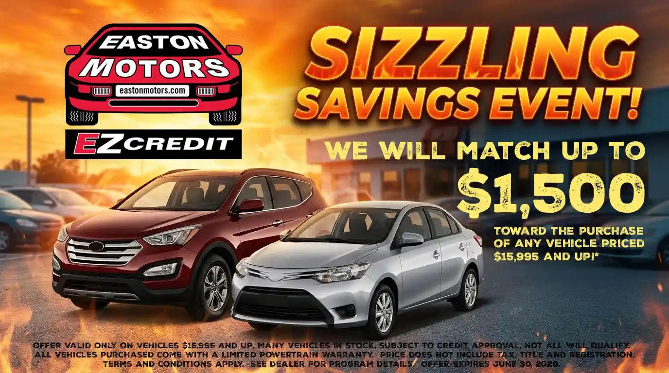 Easton Motors promo banner with a red SUV and silver sedan, bold orange text reading 'Sizzling Savings Event' and ' alt=