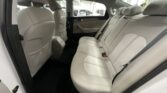 Rear passenger seats in a light beige leather interior of a sedan, with headrests and seat belts visible