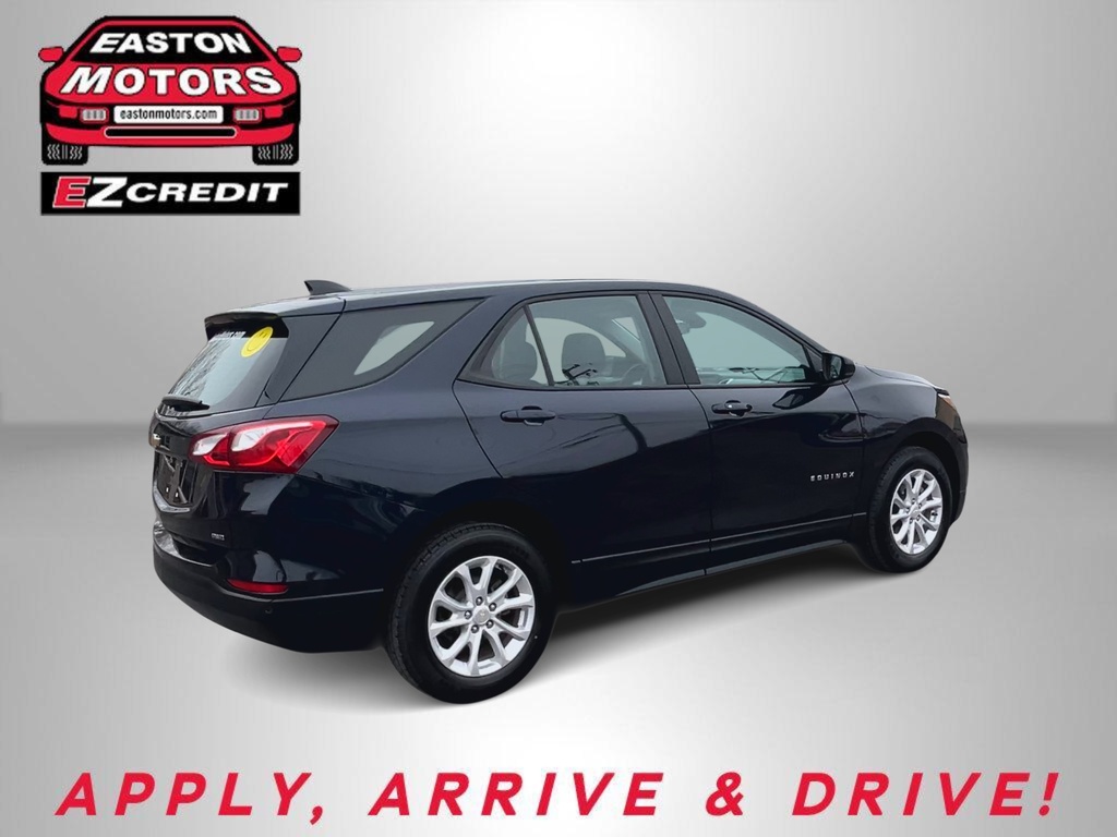 Rear three-quarter view of a dark blue SUV in a dealership ad with Easton Motors and EZCredit logos; bottom text reads APPLY, ARRIVE & DRIVE!