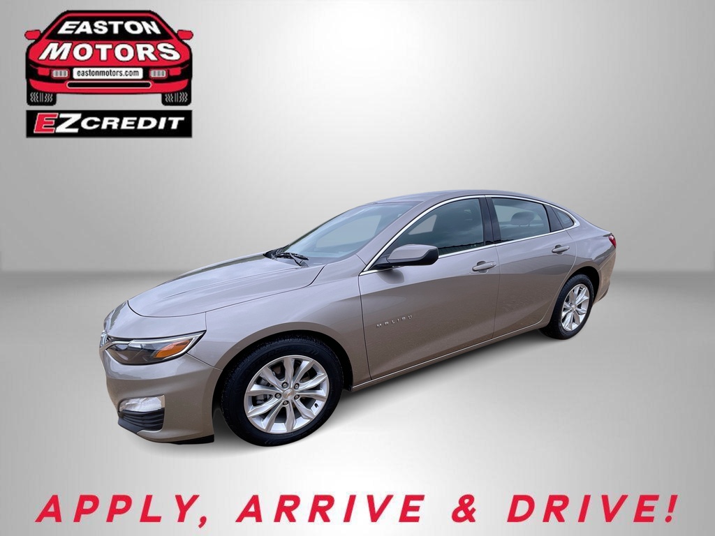 Grey four-door sedan on a light backdrop with Easton Motors EZCredit logo in the top-left and the slogan 'APPLY, ARRIVE & DRIVE!' in red text at the bottom.