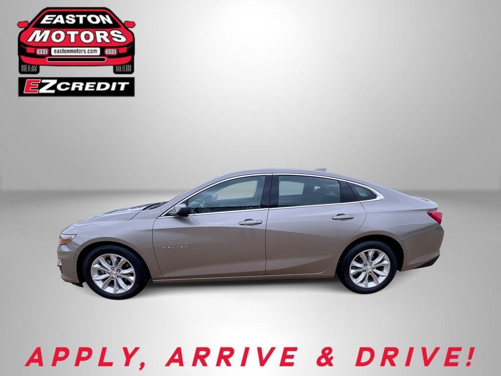 Side view of a gray/brown sedan in a dealership setting with Easton Motors logo and EZCredit text in the top left; slogan 'APPLY, ARRIVE & DRIVE!' at bottom.