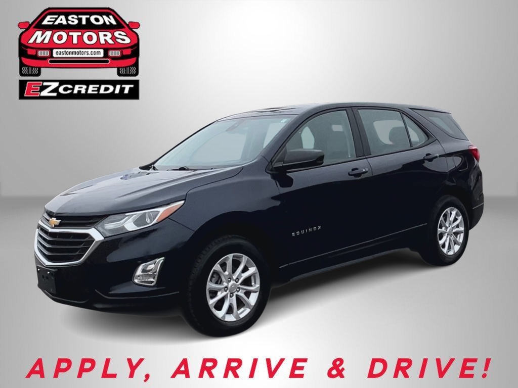 Black Chevrolet Equinox SUV in a dealership ad with Easton Motors EZCredit logo in the top-left and the slogan 'APPLY, ARRIVE & DRIVE' at the bottom.
