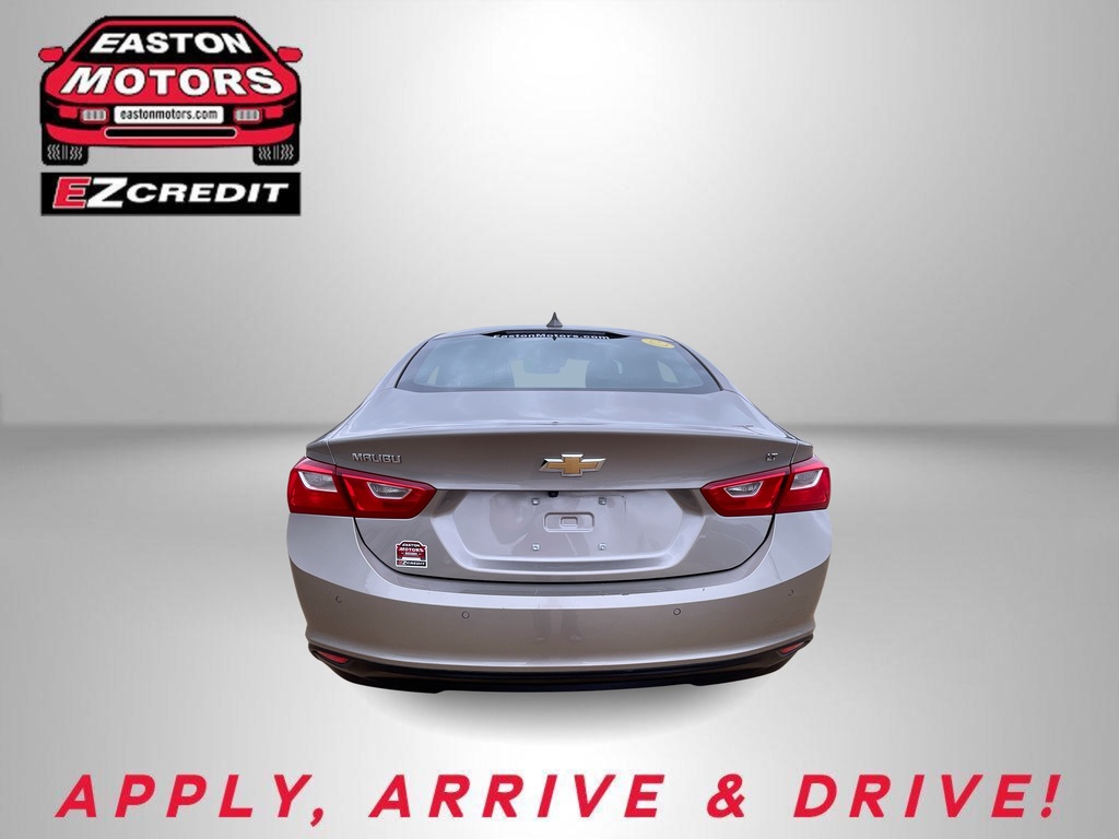 Rear view of a silver Chevrolet Malibu with Easton Motors logo in the top-left and 'APPLY, ARRIVE & DRIVE' in red at the bottom