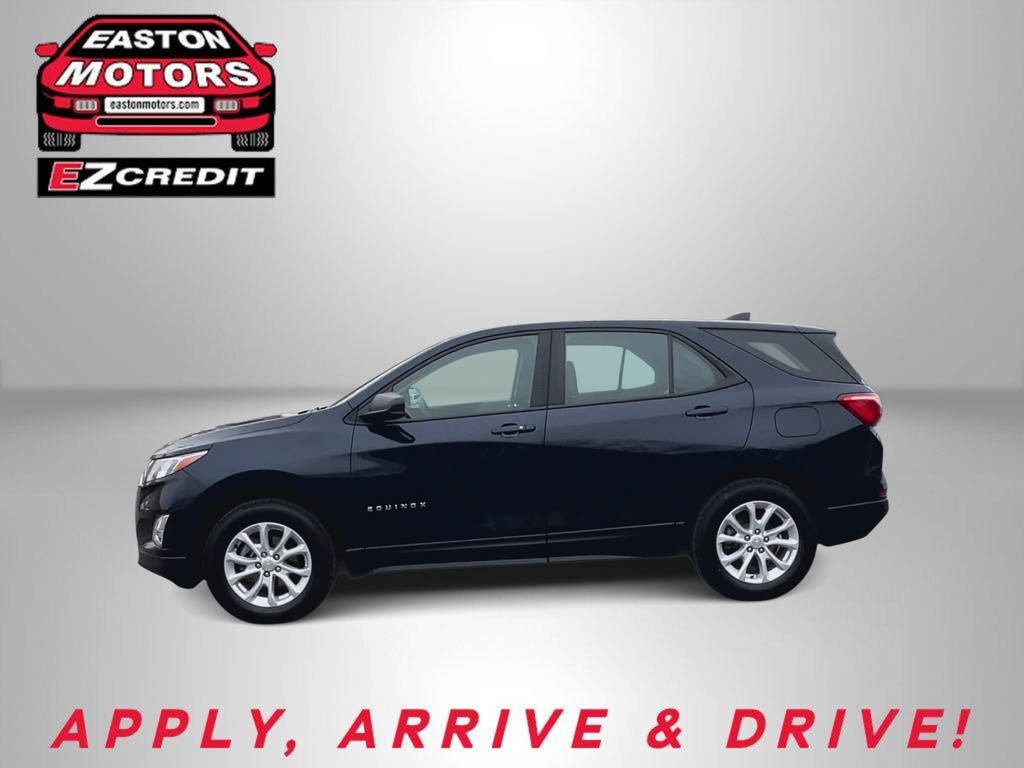Side view of a dark blue Chevrolet Equinox SUV against a gray backdrop with Easton Motors logo in the top-left corner and the slogan 'APPLY, ARRIVE & DRIVE!' in red at the bottom