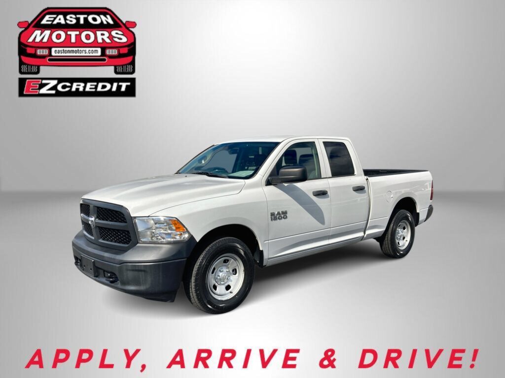 White RAM 1500 pickup truck shown from the front-right, with an Easton Motors logo in the upper left and the slogan 'APPLY, ARRIVE & DRIVE!' in red at the bottom.