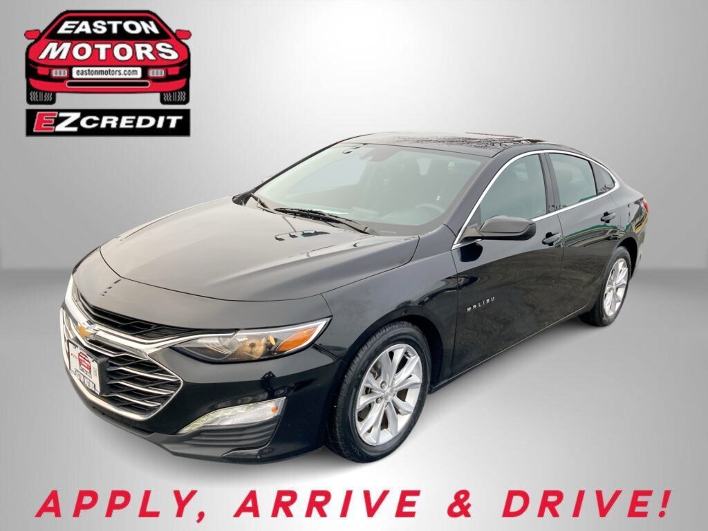 Easton Motors logo with a gray Chevrolet Malibu on a dealership backdrop and the slogan 'Apply, Arrive & Drive!'