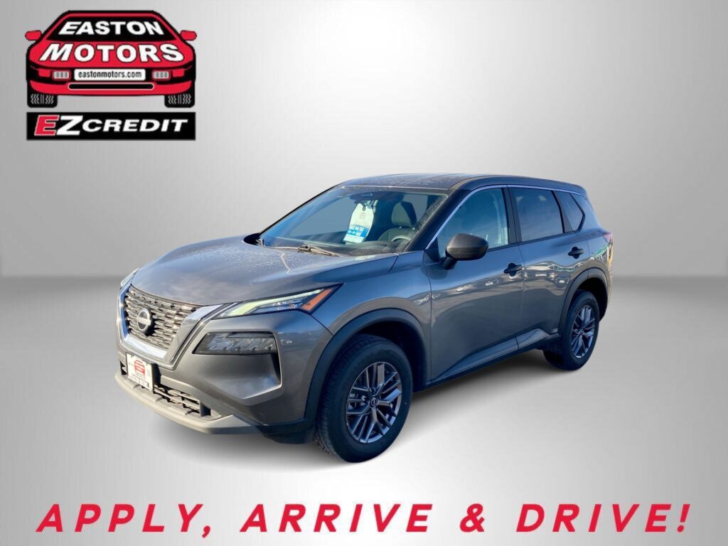 Blue SUV angled from front-right with Easton Motors logo in upper left and 'EZCredit' branding; slogan 'APPLY, ARRIVE & DRIVE' at bottom.