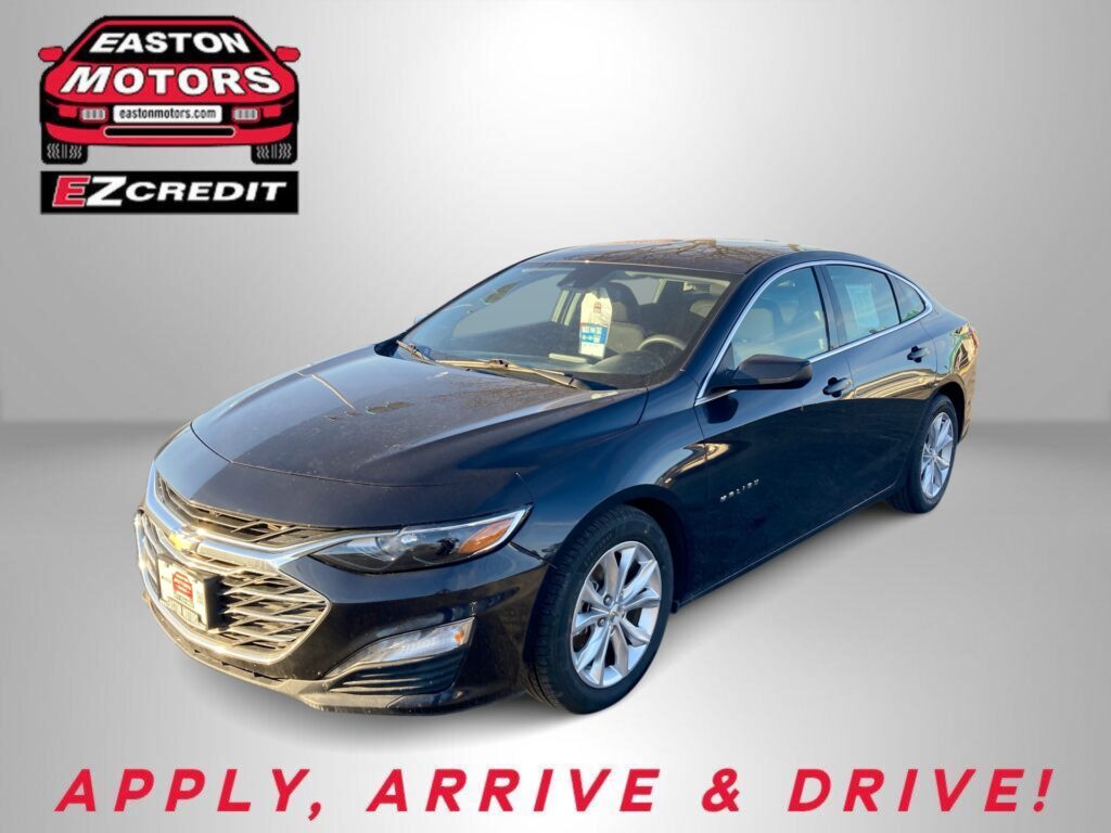 Blue sedan shown at a dealership banner with EZ Credit/ Easton Motors logo in the top left and 'APPLY, ARRIVE & DRIVE!' text at the bottom.