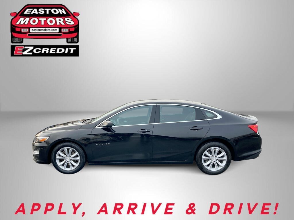 Black Chevrolet Malibu in profile against a gray gradient backdrop, with Easton Motors EZ Credit logo and the slogan 'APPLY, ARRIVE & DRIVE!' at the bottom