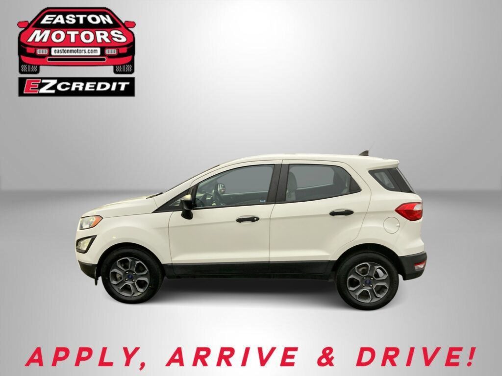 White compact SUV displayed indoors with EZCredit logo and Easton Motors branding in the top left corner; slogan below reads 'APPLY, ARRIVE & DRIVE!'