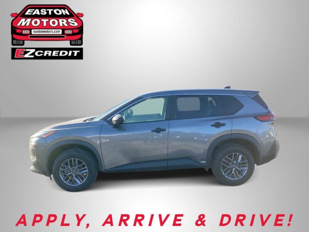 Blue SUV in a studio ad featuring the Easton Motors logo and the slogan 'APPLY, ARRIVE & DRIVE!'