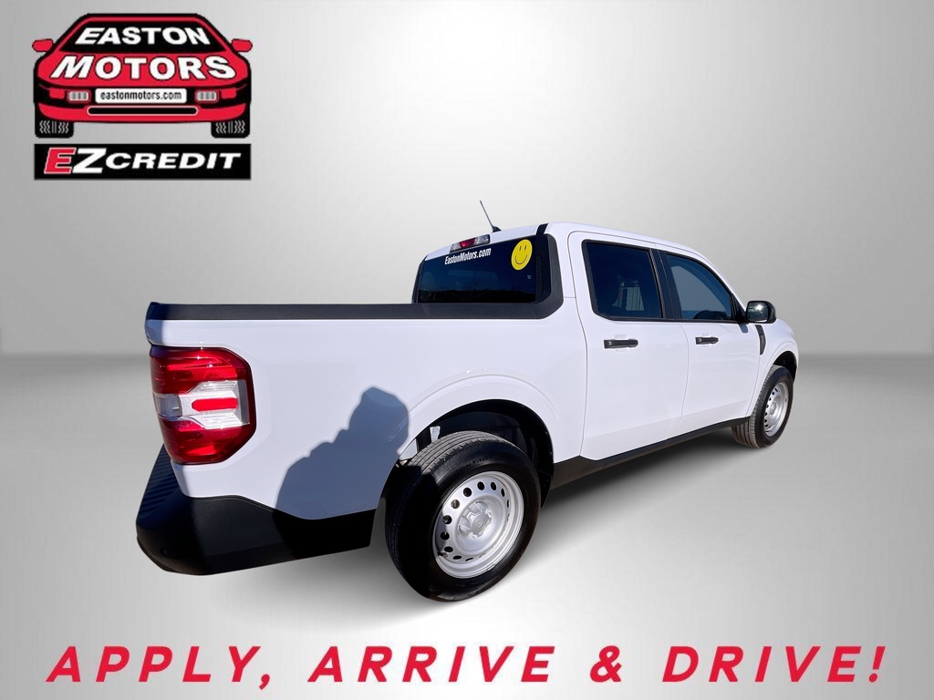 White pickup truck shown at an angle with Easton Motors branding in the top-left corner and the 'APPLY, ARRIVE & DRIVE!' slogan at the bottom.