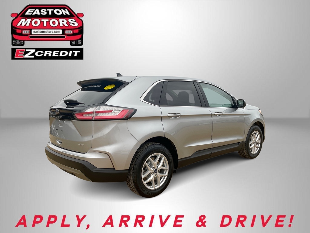 Promotional image showing a silver SUV with Easton Motors EZCredit branding and the slogan 'APPLY, ARRIVE & DRIVE!' on a light backdrop.