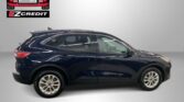 Side profile of a dark blue SUV indoors, with Easton Motors EZ Credit logo in the top left and the slogan 'APPLY, ARRIVE & DRIVE!' at the bottom.