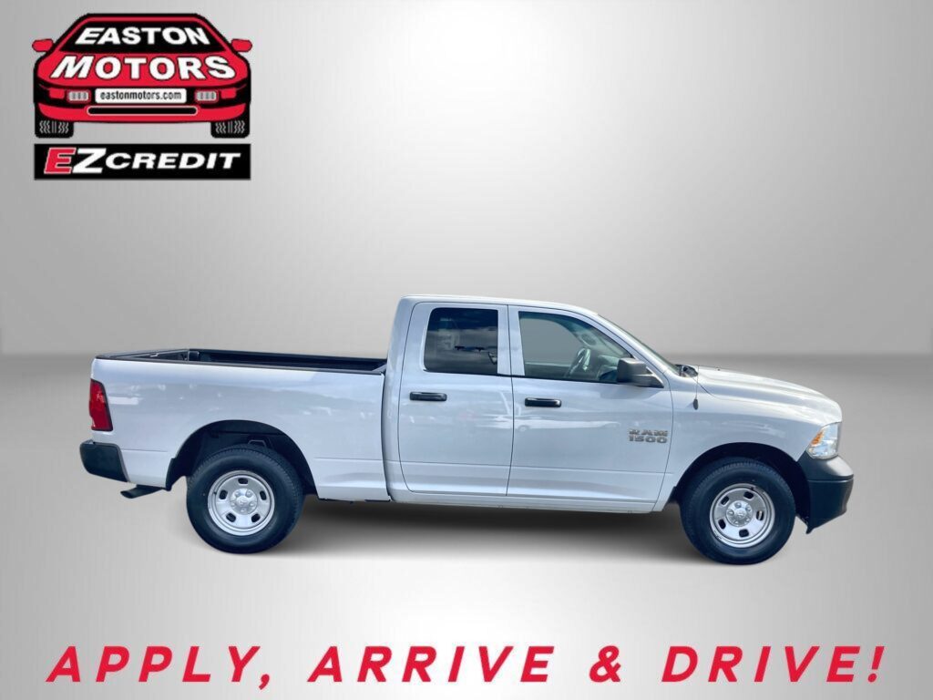 White pickup truck with Easton Motors EZCredit branding and the slogan 'APPLY, ARRIVE & DRIVE!' at the bottom on a gray gradient background.