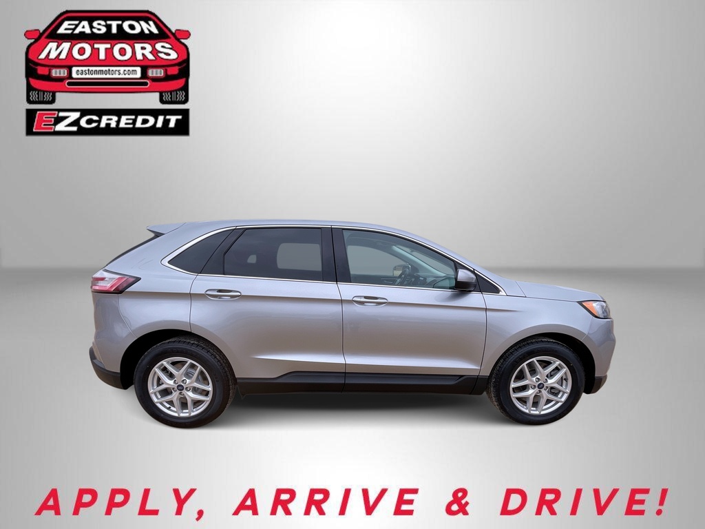 Side profile of a silver SUV with Easton Motors EZCredit logo in the top left and the slogan 'Apply, Arrive & Drive' below.