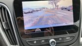 Car rearview camera display showing orange parking guide lines on a parking lot, with parked cars on both sides and a tree in the background