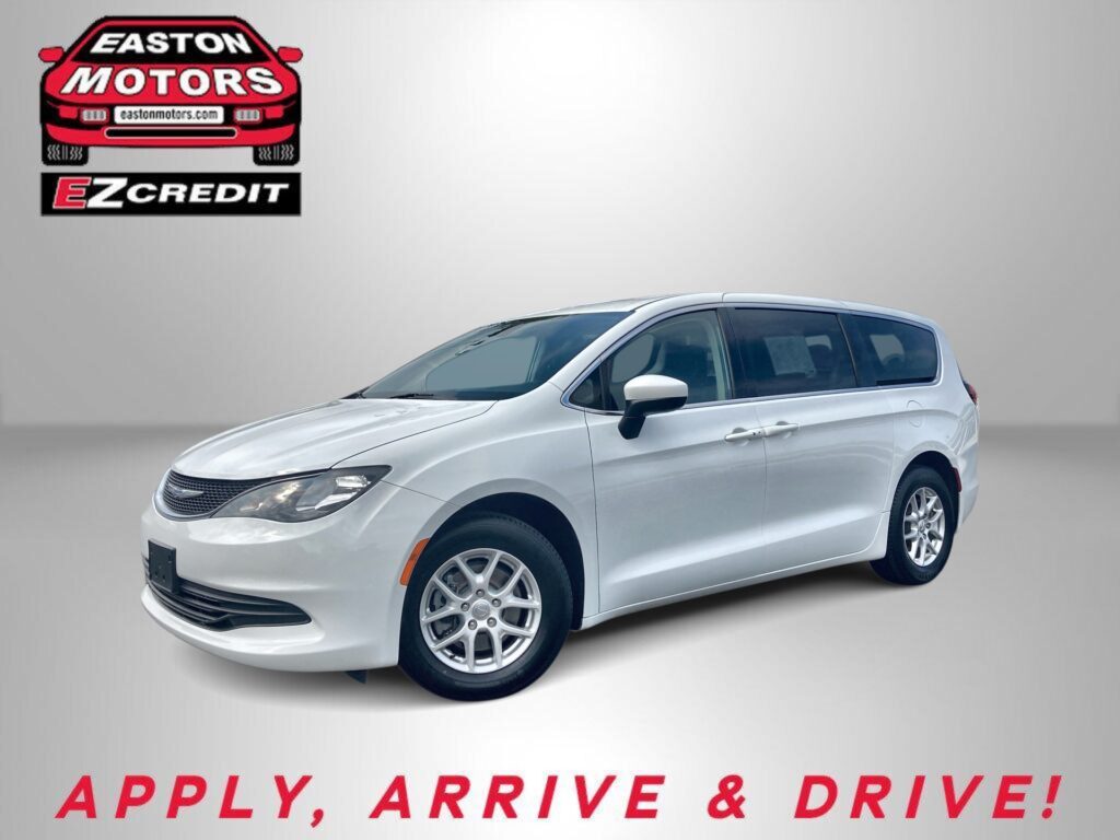 White minivan in the foreground with Easton Motors logo and EZ Credit branding on a gray gradient backdrop, plus the slogan 'Apply, Arrive & Drive!' at the bottom.