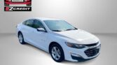 White Chevrolet Malibu sedan on a gray backdrop with Easton Motors EZ Credit logo in the top-left and the slogan 'APPLY, ARRIVE & DRIVE!' at the bottom.