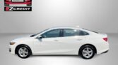 White Chevrolet Malibu sedan shown in profile against a gray backdrop with Easton Motors EZ Credit logo; bottom text reads 'APPLY, ARRIVE & DRIVE'