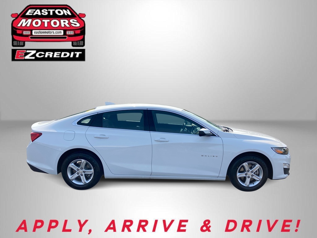 White sedan viewed from the side with Easton Motors and EZCredit logos in the corner, advertising auto financing.