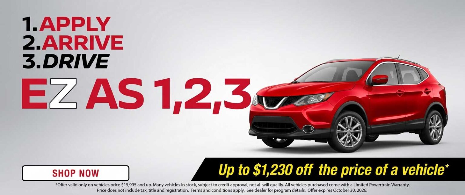 Bold left-side steps '1. APPLY 2. ARRIVE 3. DRIVE' with large 'EZ AS 1,2,3' and a red SUV on the right; includes a 'SHOP NOW' button and a black/yellow promo banner offering up to $1,230 off the vehicle price.