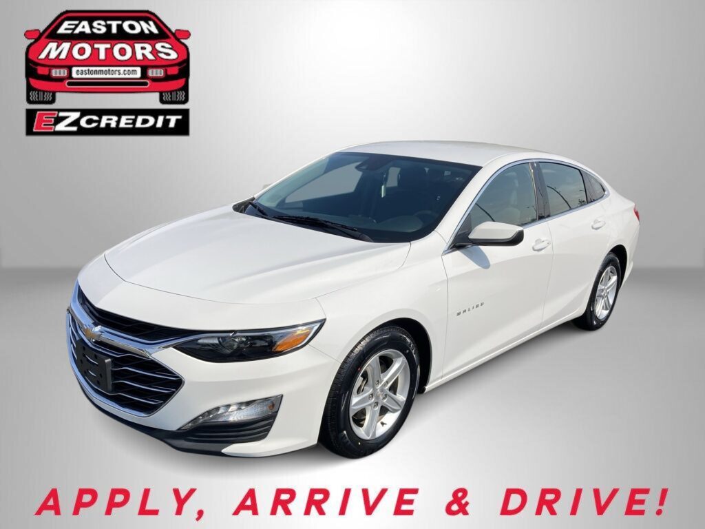 White Chevrolet sedan angled to the right with Easton Motors EZCredit logo on the left and the slogan 'APPLY, ARRIVE & DRIVE!'